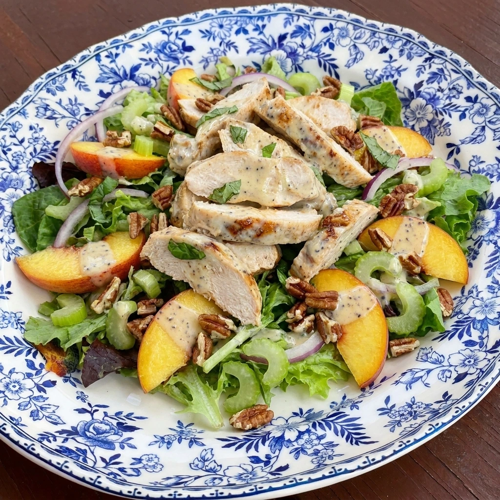 Peach Chicken Salad with browned chicken and peaches on greens