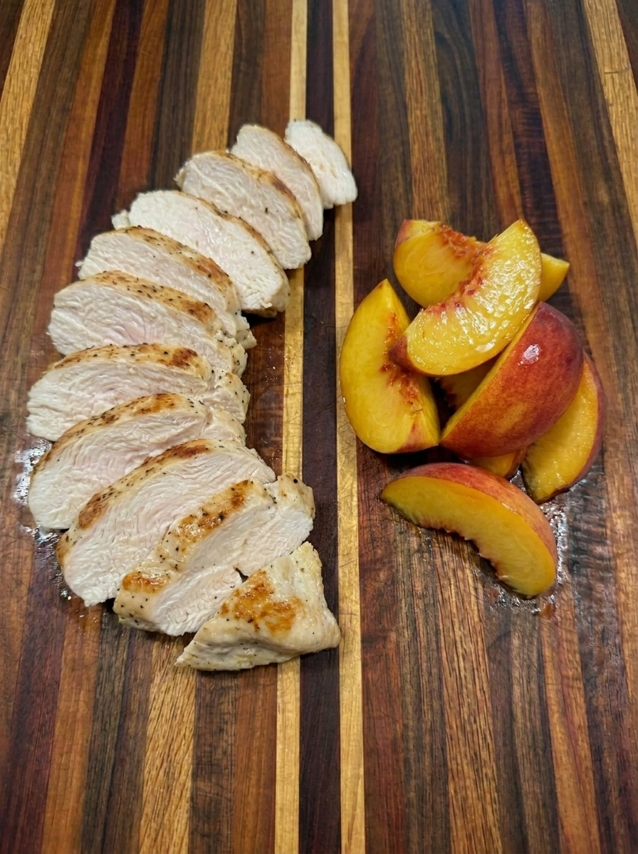 Sliced chicken and peaches for Peach Chicken Salad