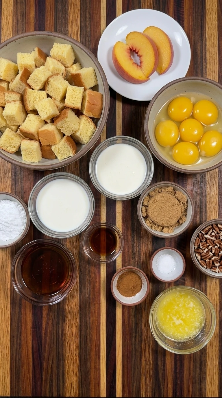 Ingredients for Peach French Toast Casserole in separate containers