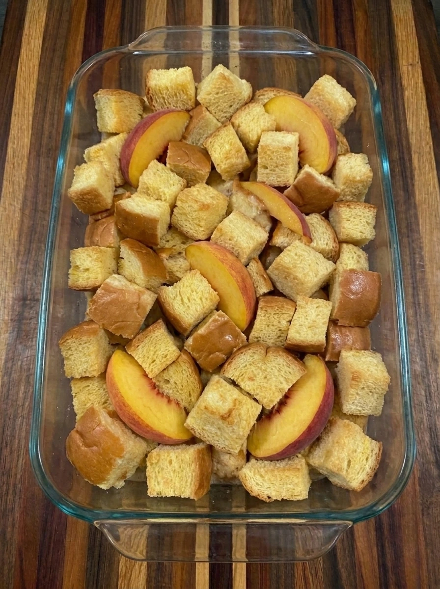 Bread cubes and peaches layered for Peach French Toast Casserole