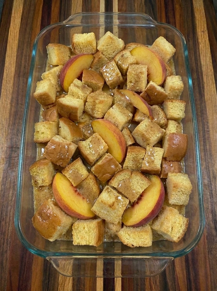 Custard poured over bread and peaches for Peach French Toast Casserole