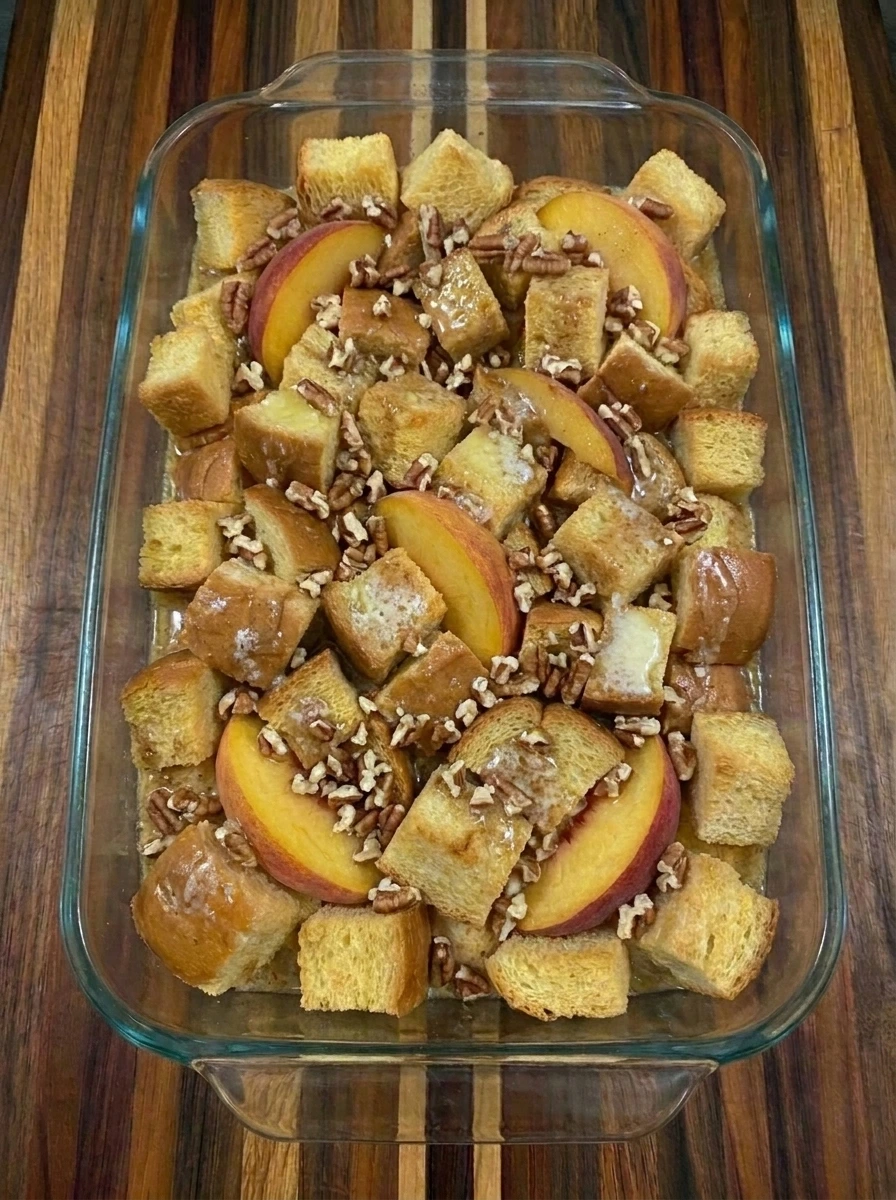 Pecan butter topping on Peach French Toast Casserole