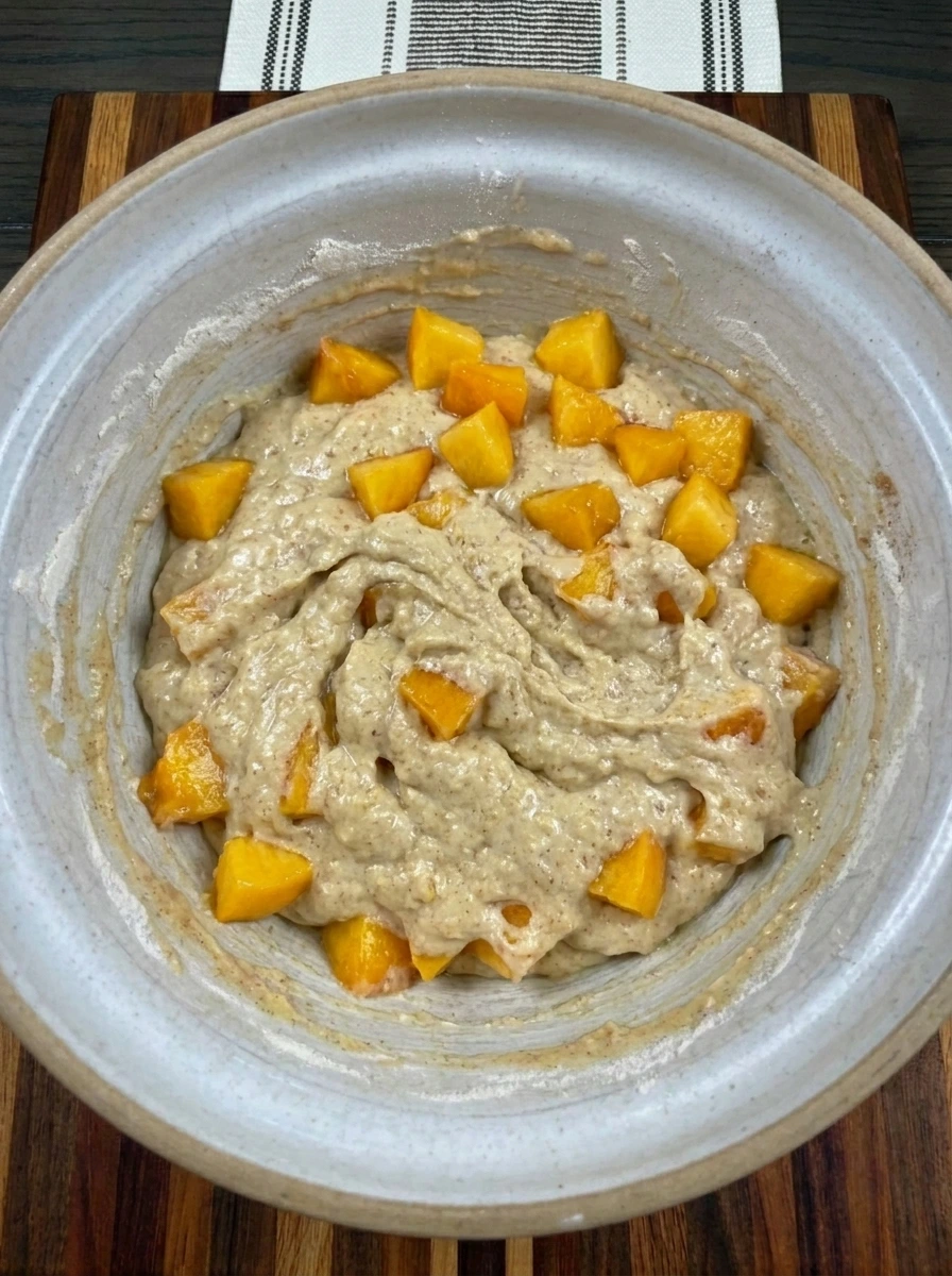 Diced peaches folded into Peach Muffins batter