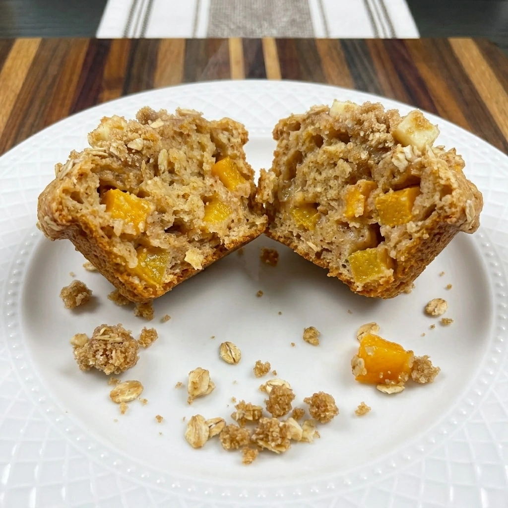 Split Peach Muffin showing tender crumb and peach pieces