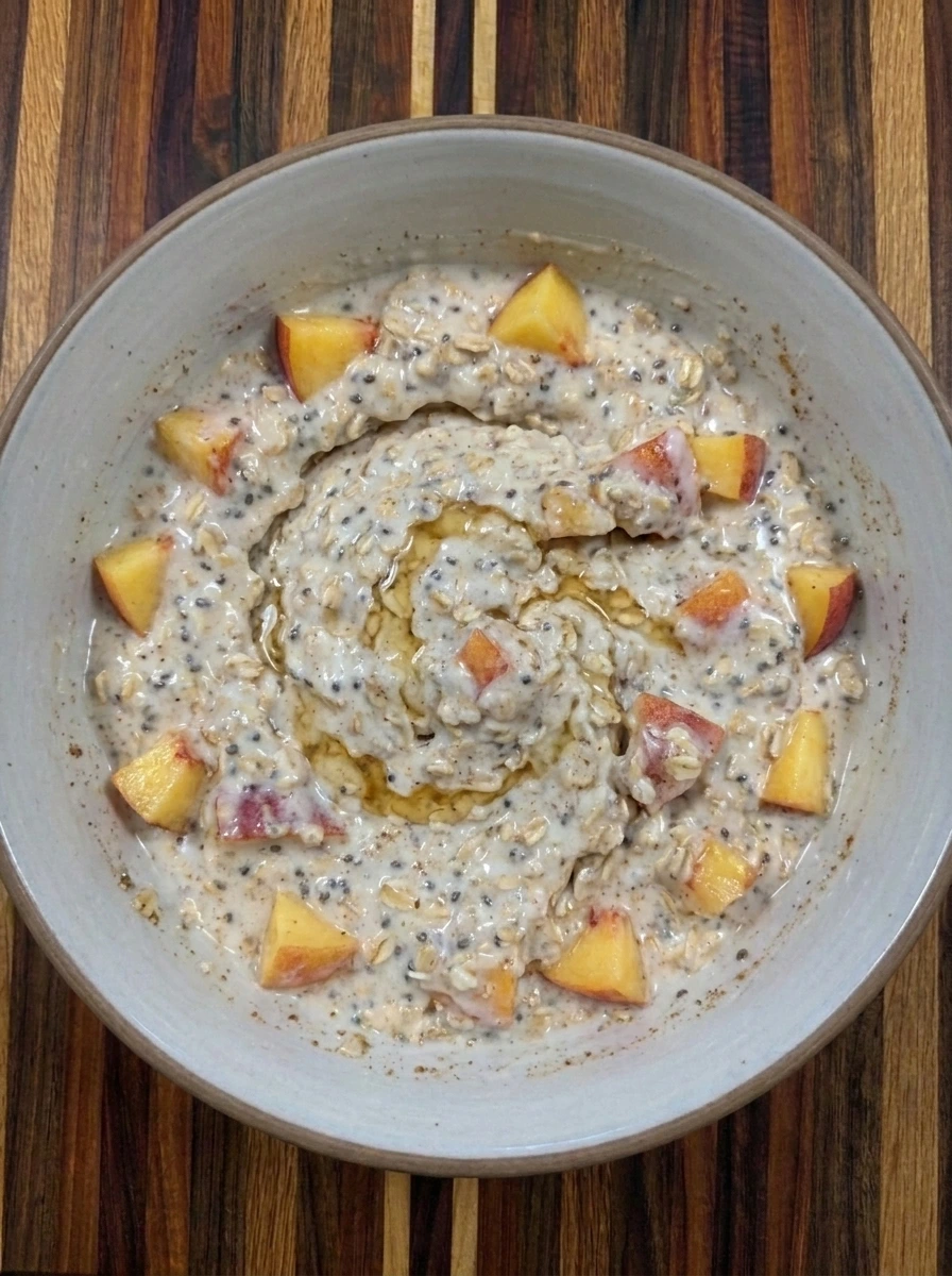 Peaches and chia folded into oat mixture for Peach Overnight Oats
