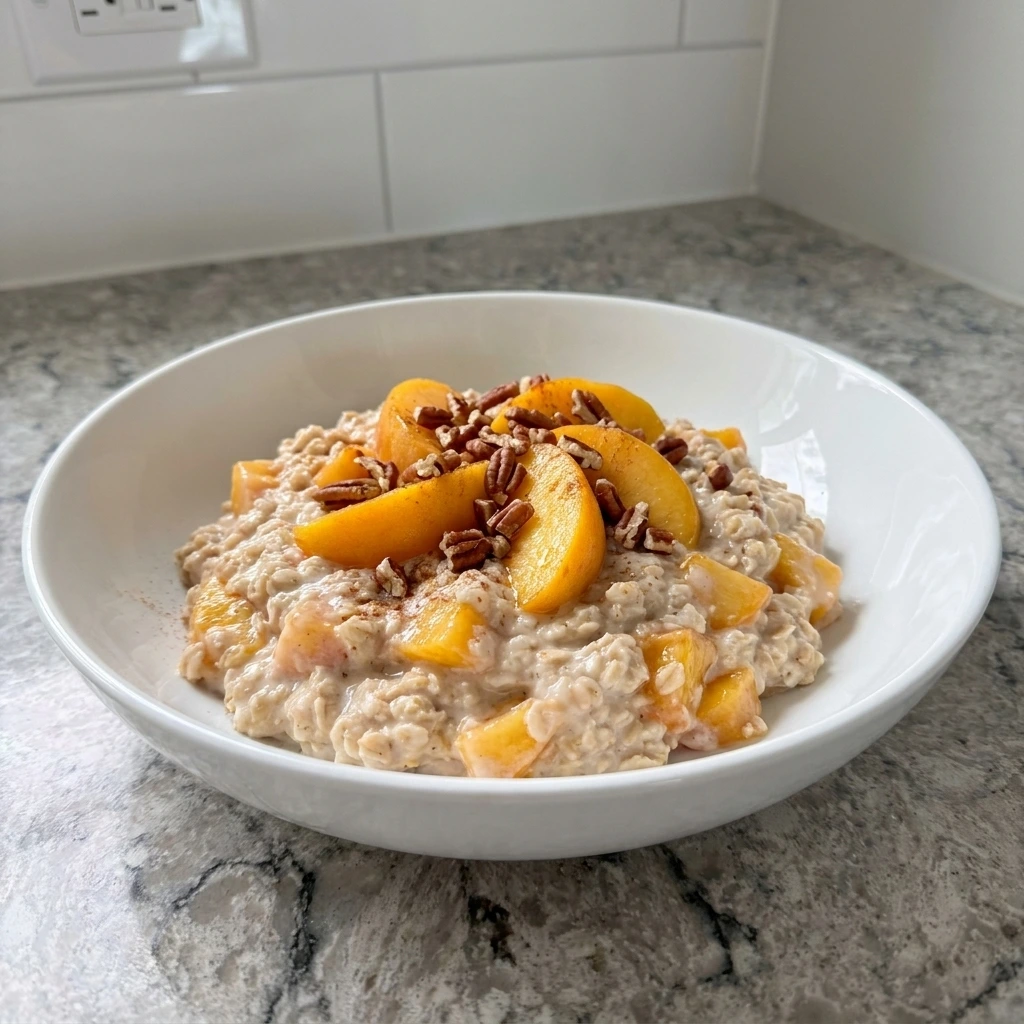 Creamy Peach Overnight Oats with fresh peach pieces and pecans in a white bowl