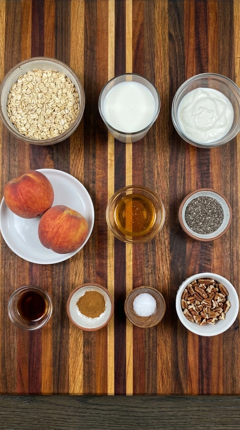 Ingredients for Peach Overnight Oats arranged in separate small containers