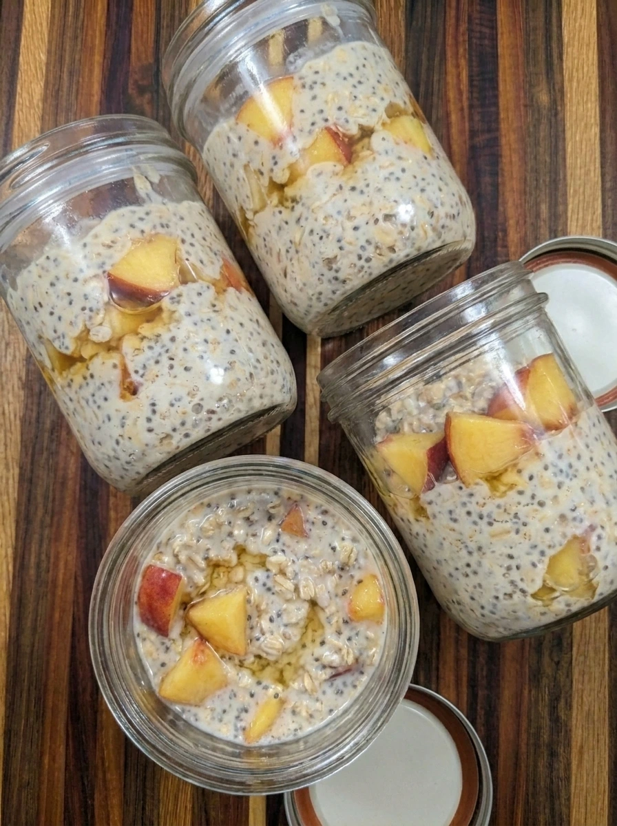 Peach Overnight Oats layered into four jars before chilling