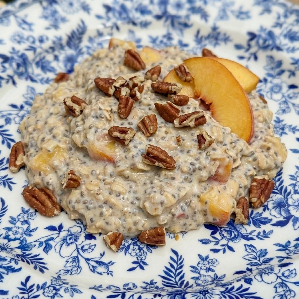 Single serving of Peach Overnight Oats with peaches and pecans