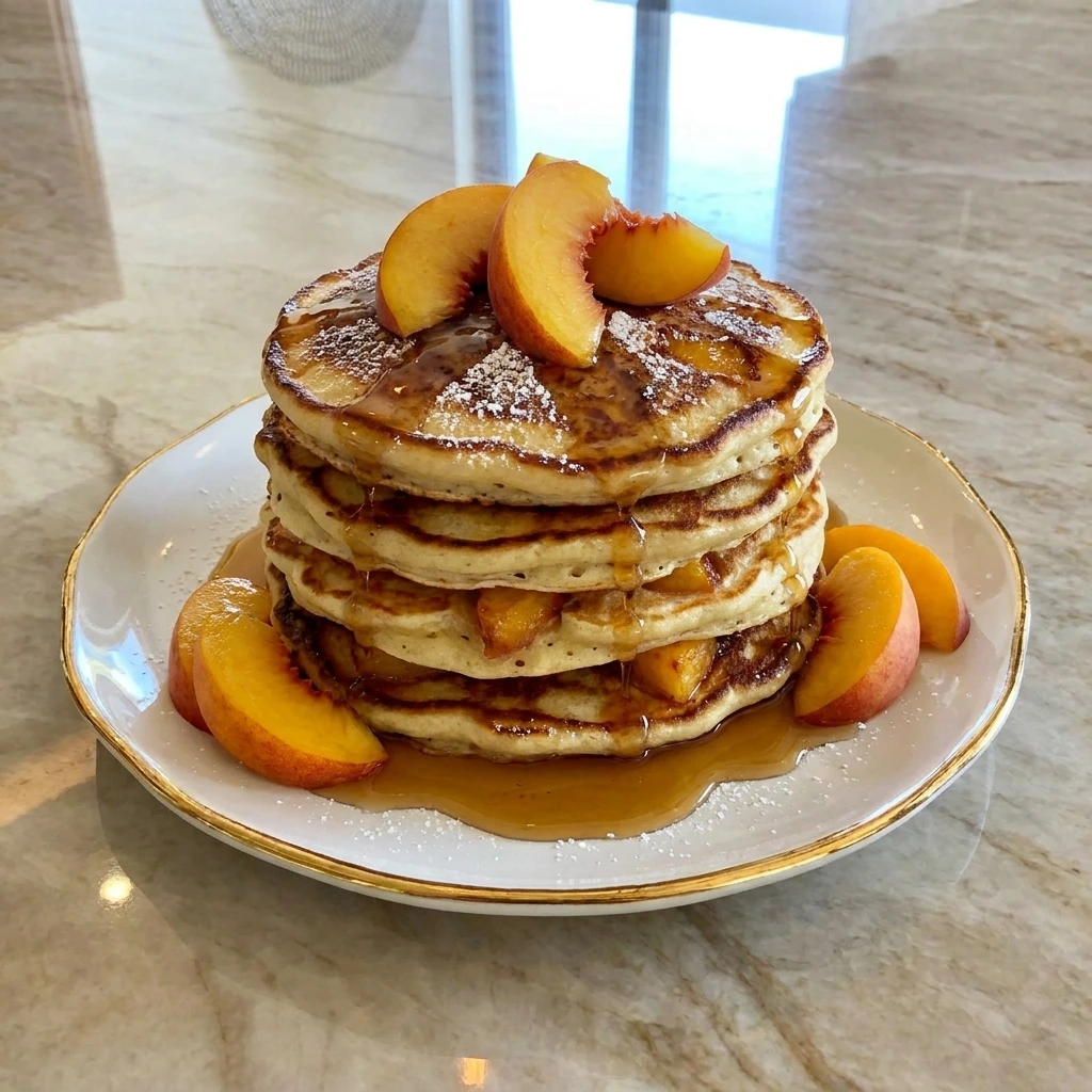Fluffy Peach Pancakes stacked with syrup and peach slices