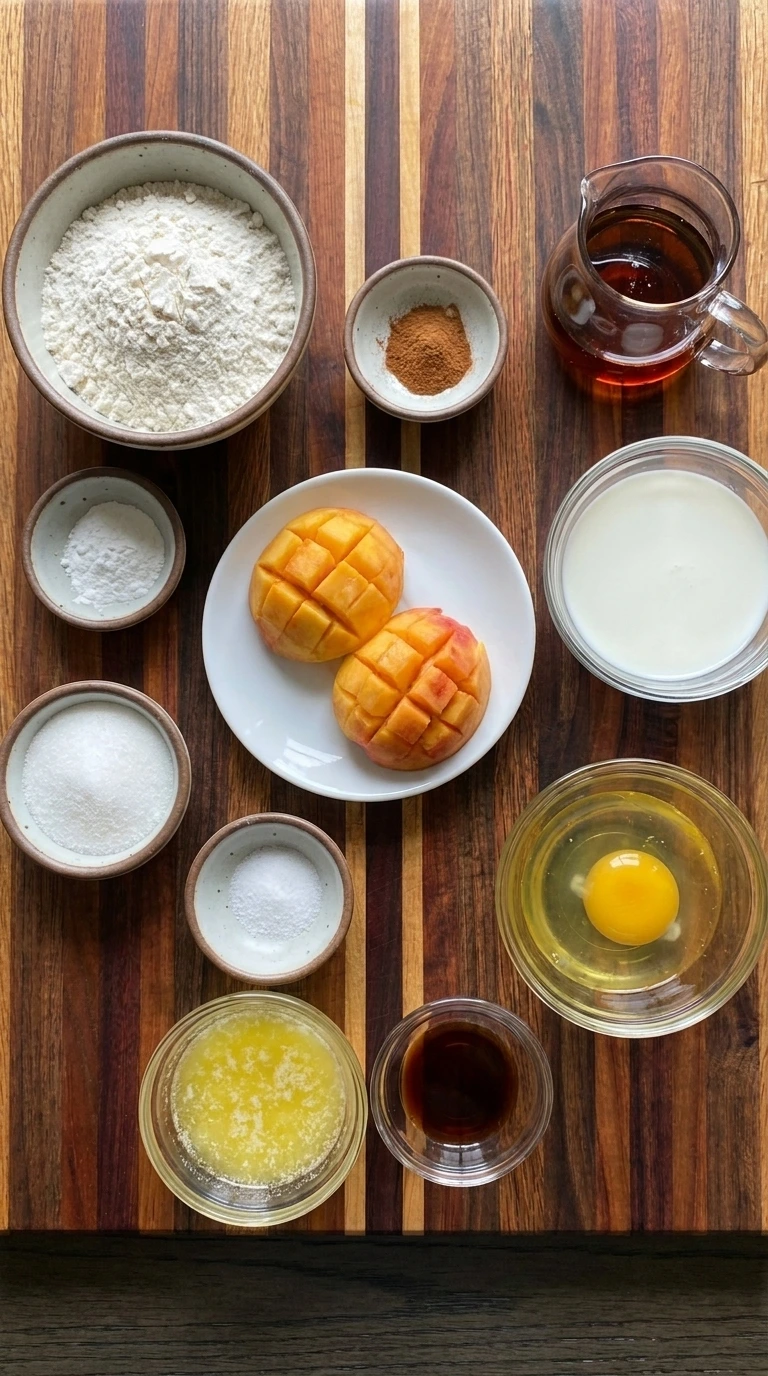 Ingredients for Peach Pancakes in separate bowls