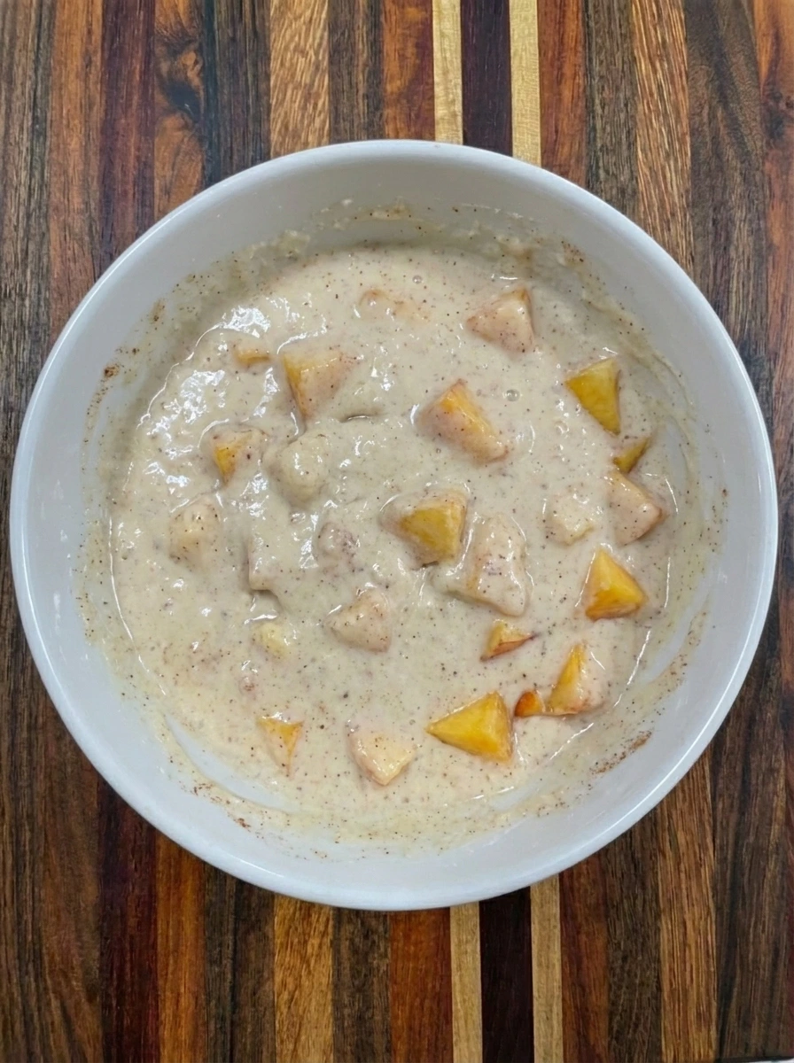 Peach Pancakes batter with diced peaches