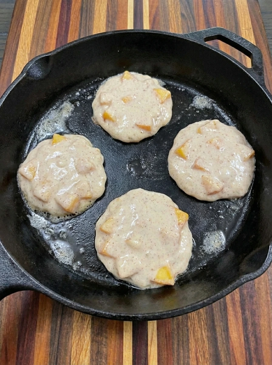 Peach Pancakes batter poured into skillet