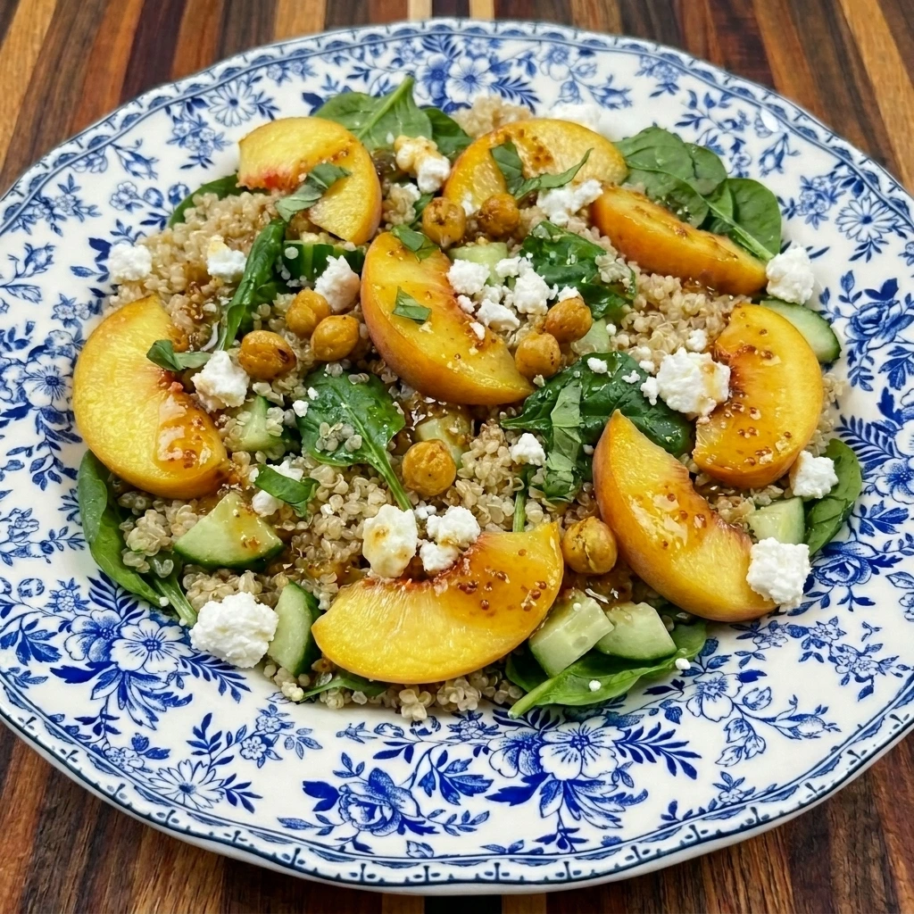 Peach Quinoa Bowl with quinoa and peaches and feta and golden chickpeas
