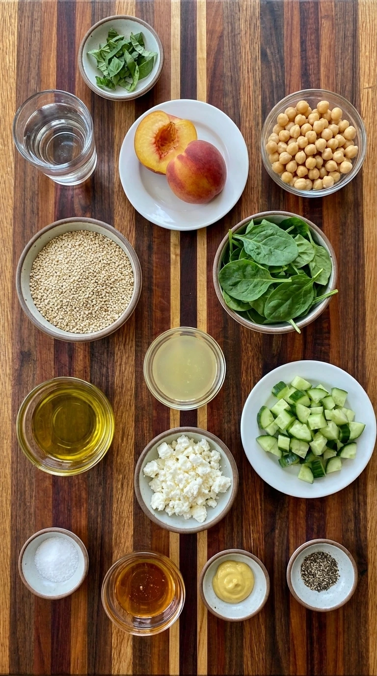 Ingredients for Peach Quinoa Bowl in separate small containers