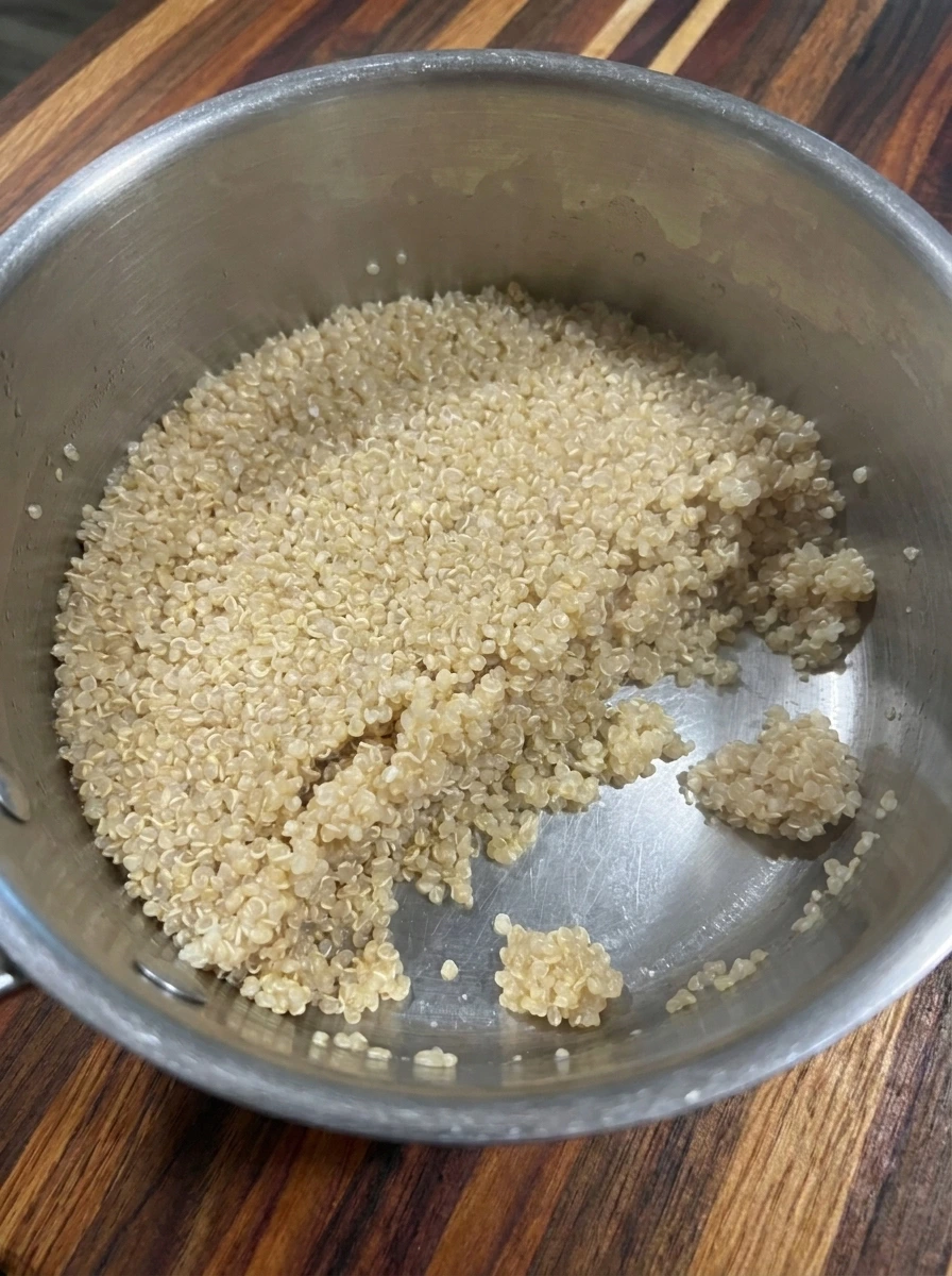 Fluffy cooked quinoa in a saucepan for Peach Quinoa Bowl
