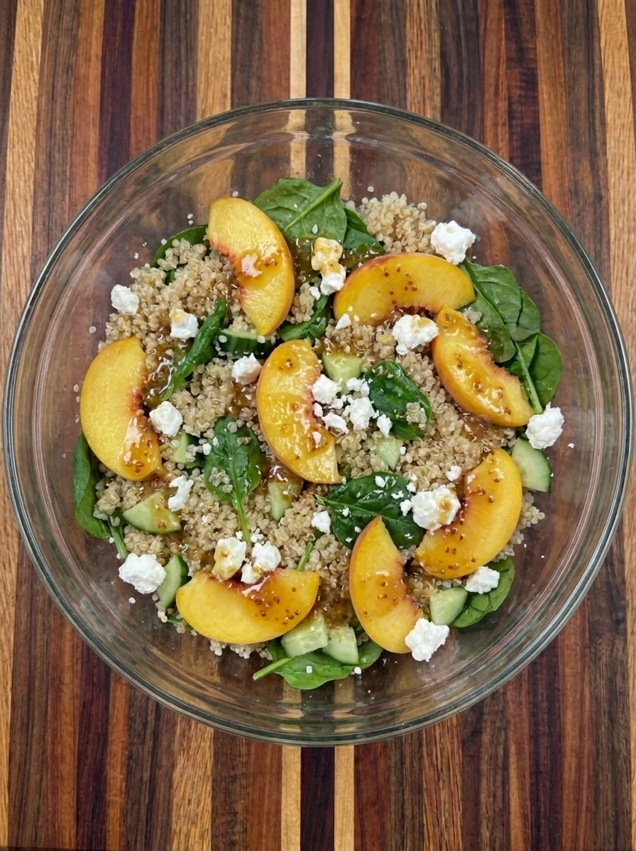 Peaches and greens folded into quinoa for Peach Quinoa Bowl