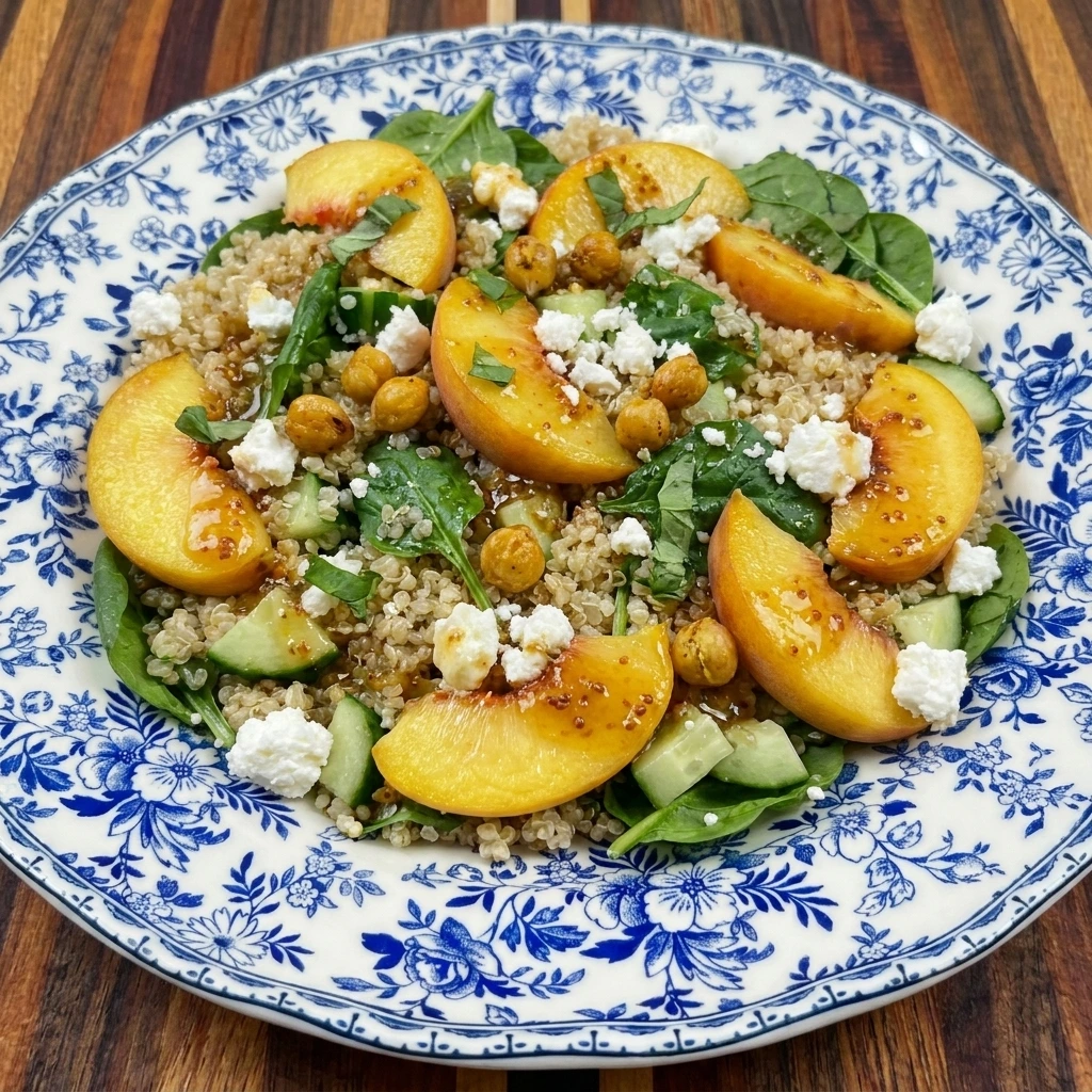 Single serving of Peach Quinoa Bowl with golden chickpeas
