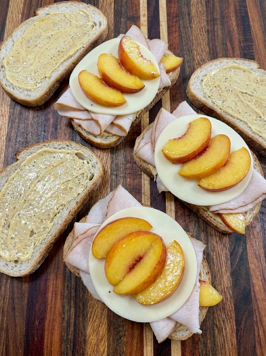 Turkey, cheese, and peach slices layered on bread for Peach Turkey Sandwich