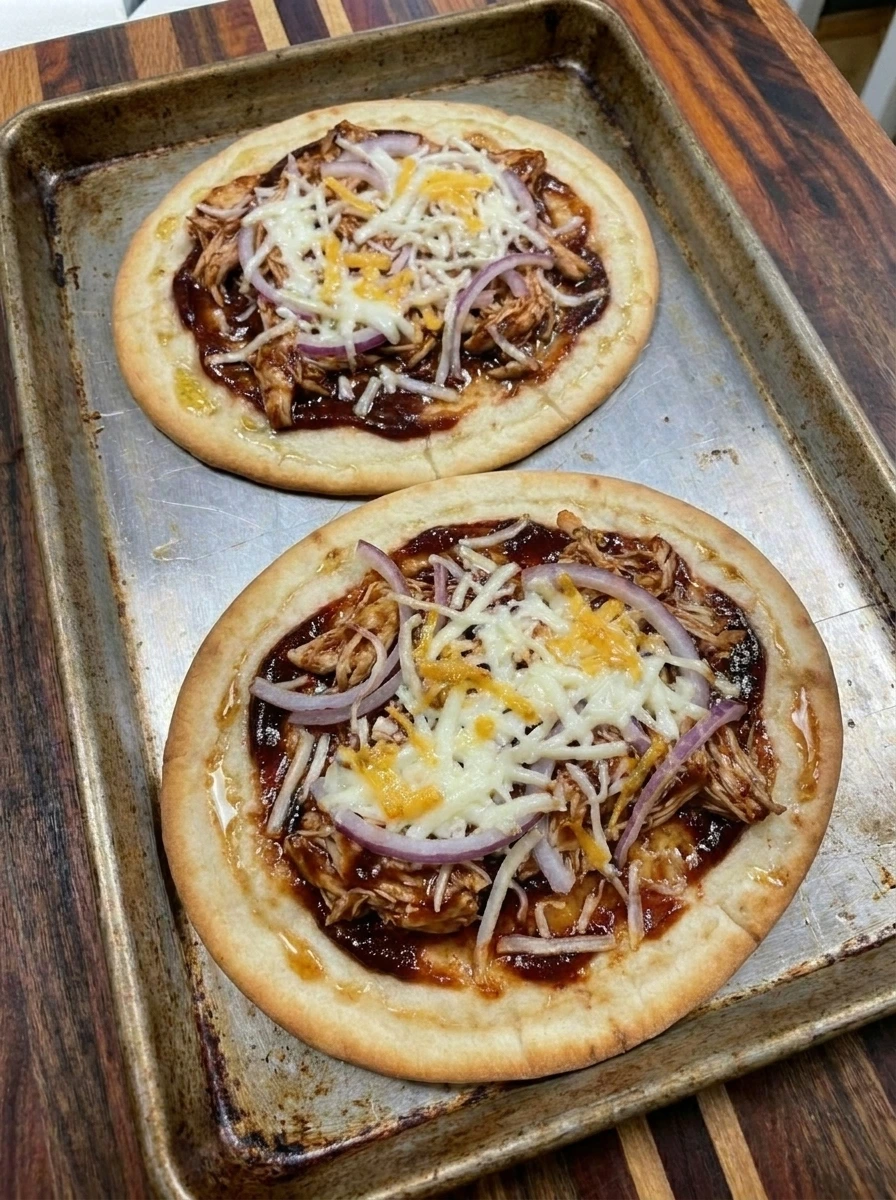 Raspberry BBQ Chicken Flatbread baked with melted cheese and browned edges