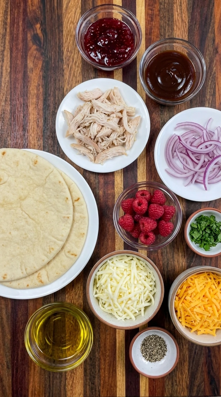 Ingredients for Raspberry BBQ Chicken Flatbread arranged in separate small containers
