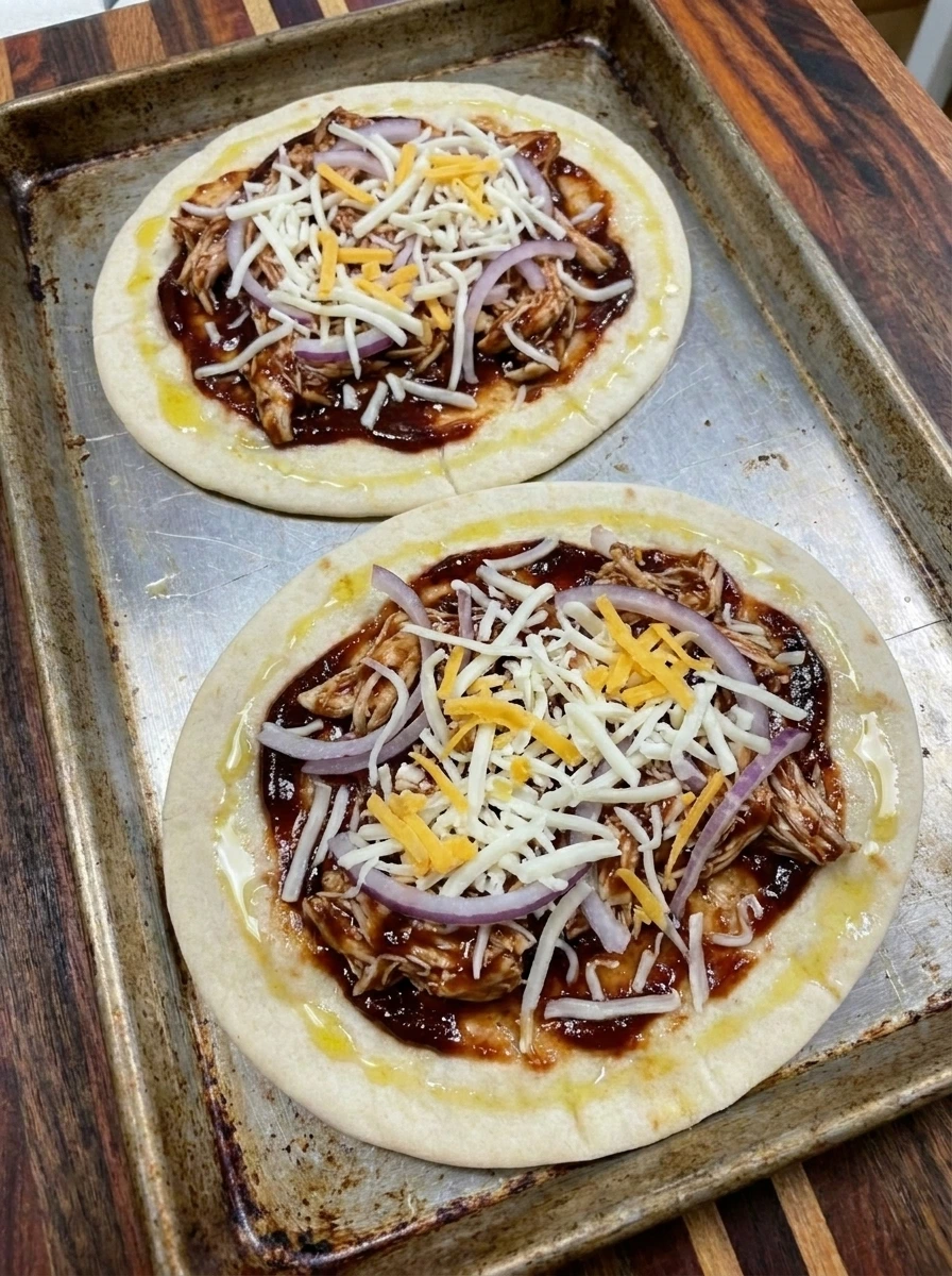 Flatbread layered with raspberry BBQ chicken red onion mozzarella and cheddar