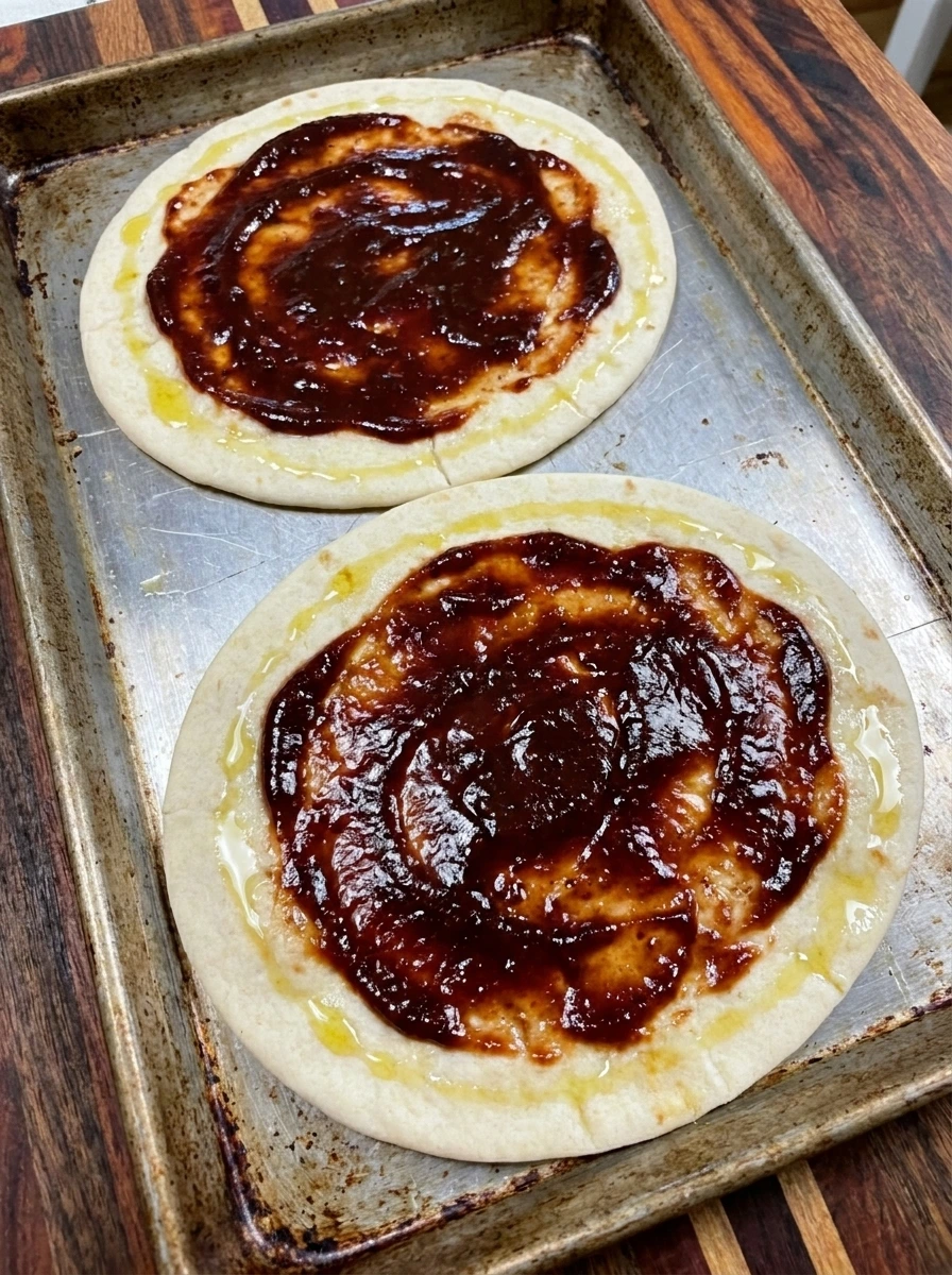 Two flatbreads spread with raspberry BBQ sauce on a baking tray
