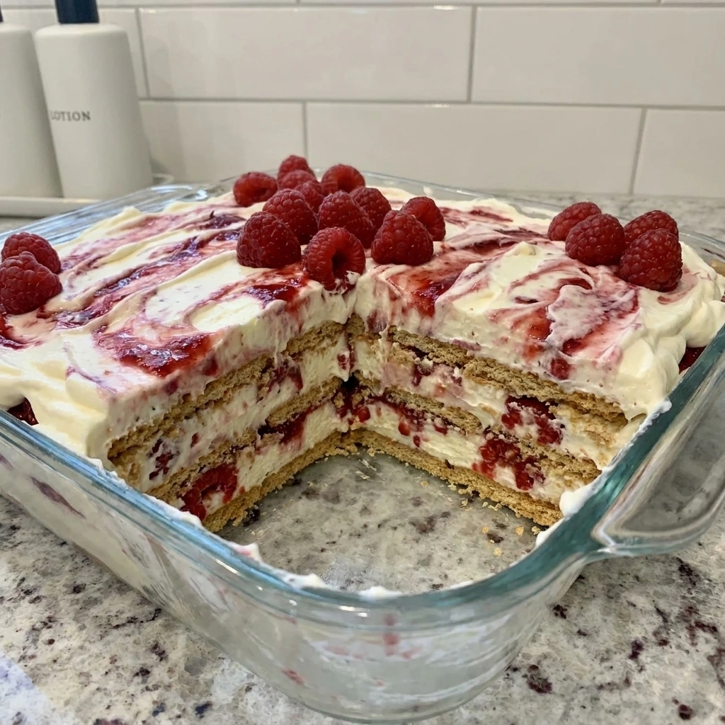 Raspberry Icebox Cake with creamy layers and fresh raspberries