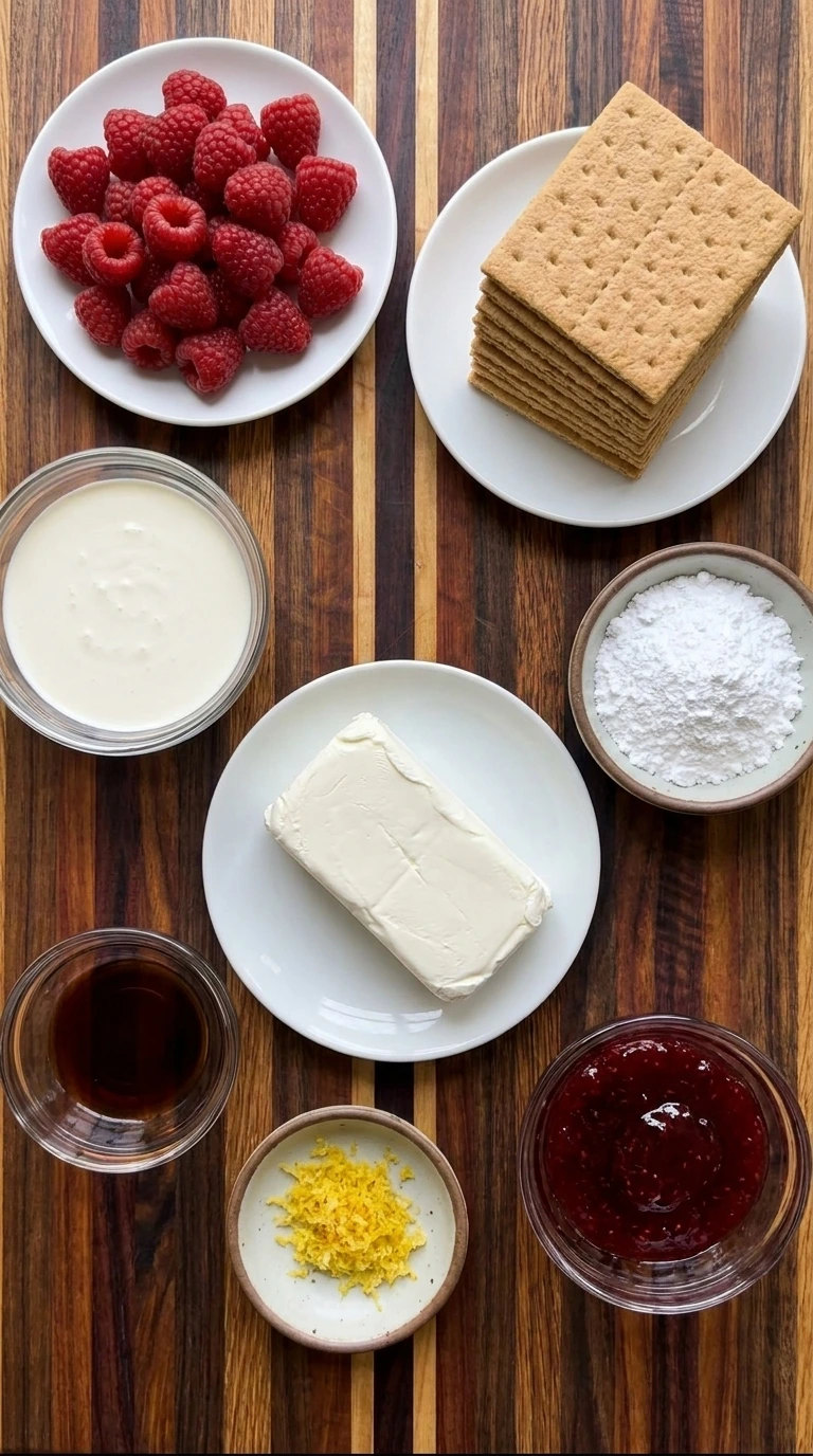 Ingredients for Raspberry Icebox Cake in separate containers