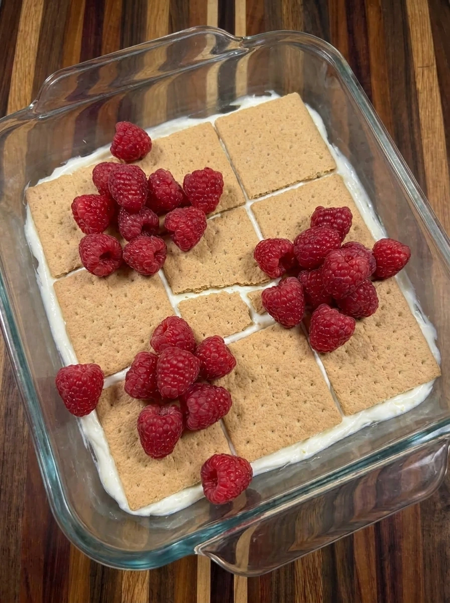 Graham crackers and raspberries layered for Raspberry Icebox Cake