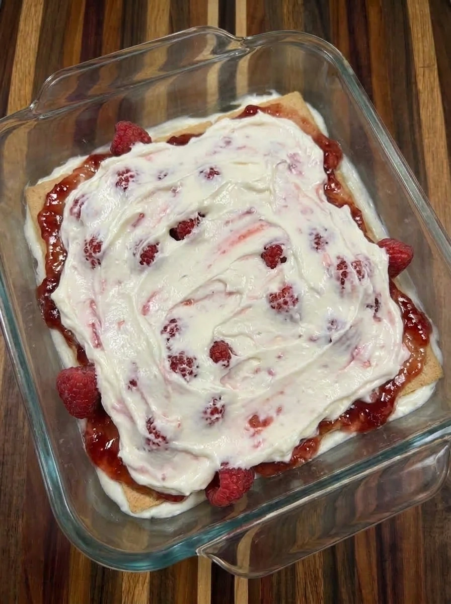 Jam ribbons and cream added to Raspberry Icebox Cake