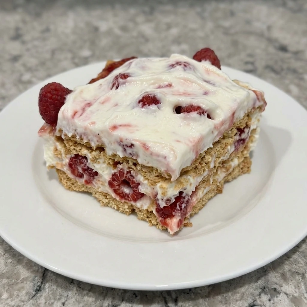 Slice of Raspberry Icebox Cake on white plate
