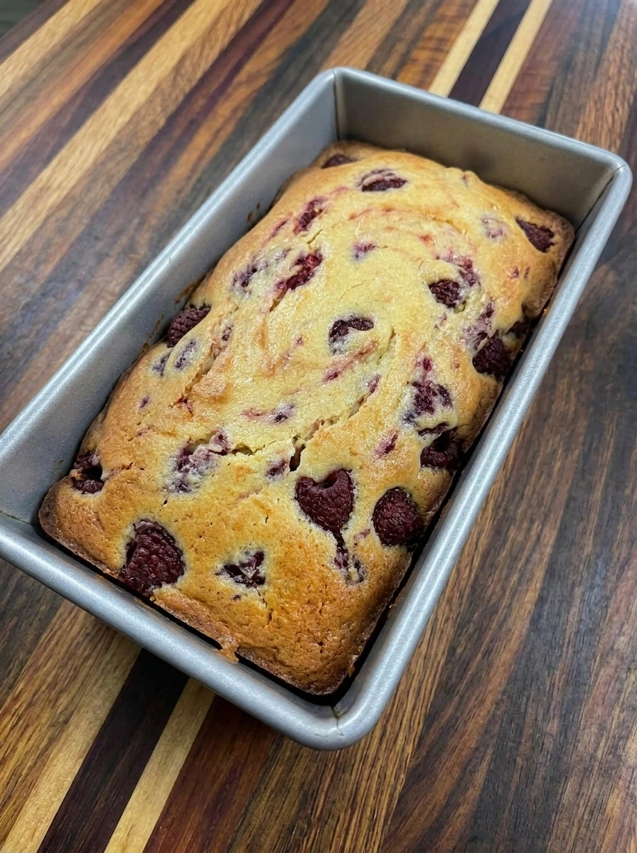 Baked Raspberry Lemon Loaf Cake in loaf pan with golden cracked top