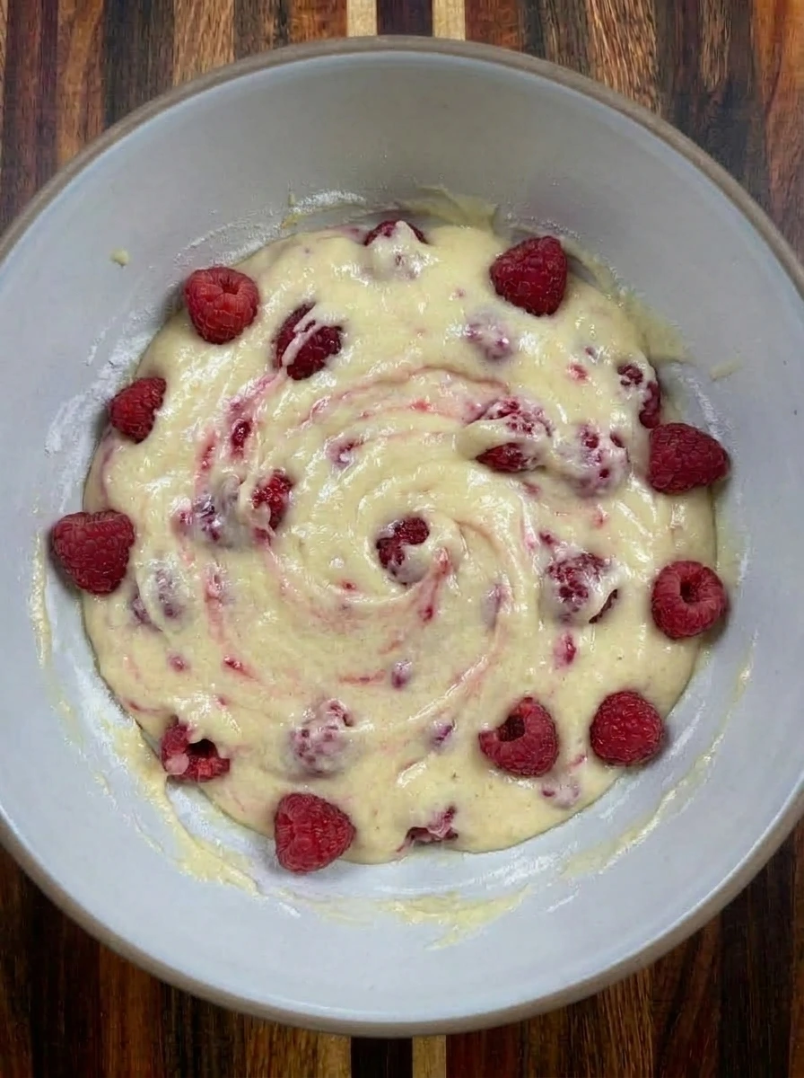 Raspberries folded into lemon batter for Raspberry Lemon Loaf Cake