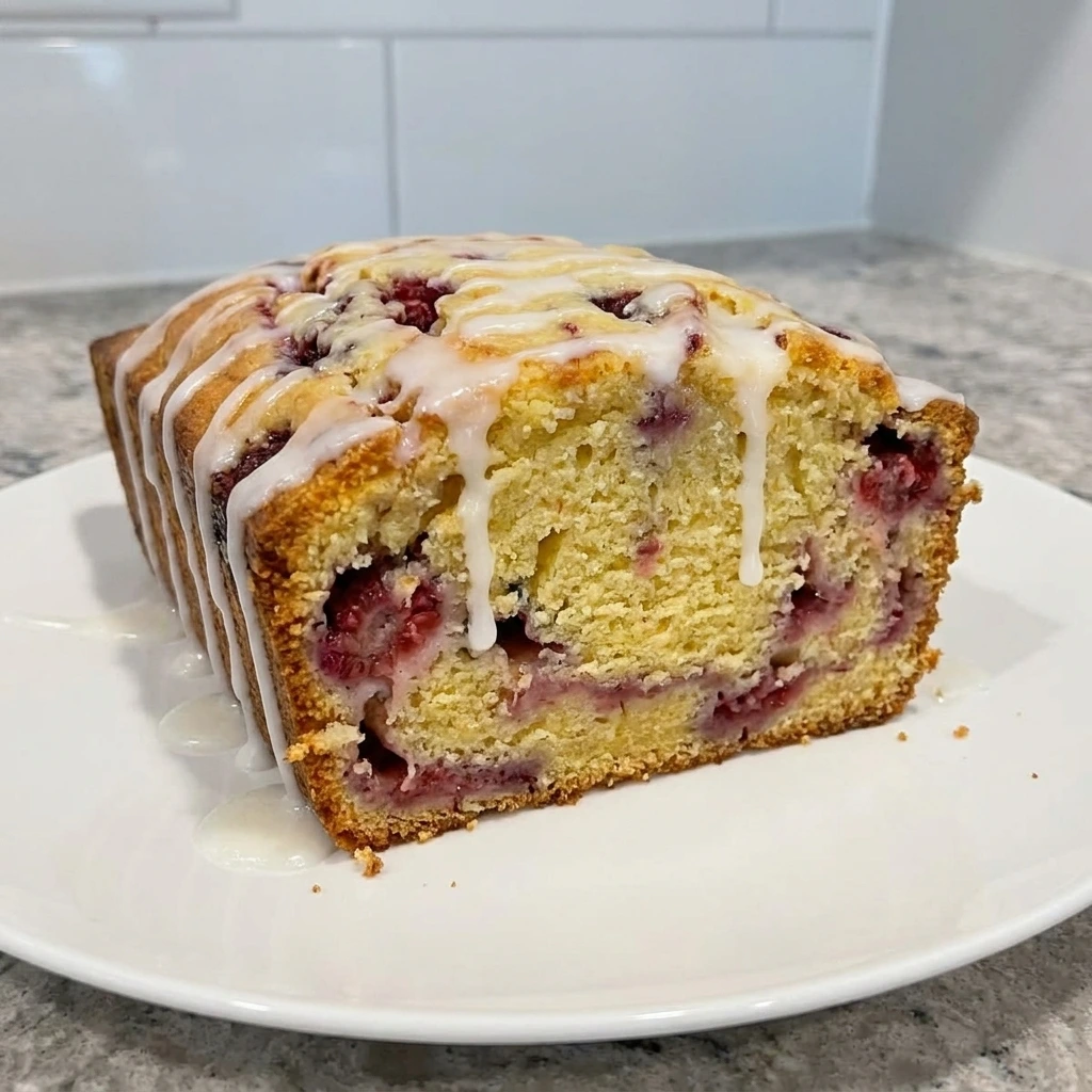 Sliced Raspberry Lemon Loaf Cake with lemon glaze and berry crumb