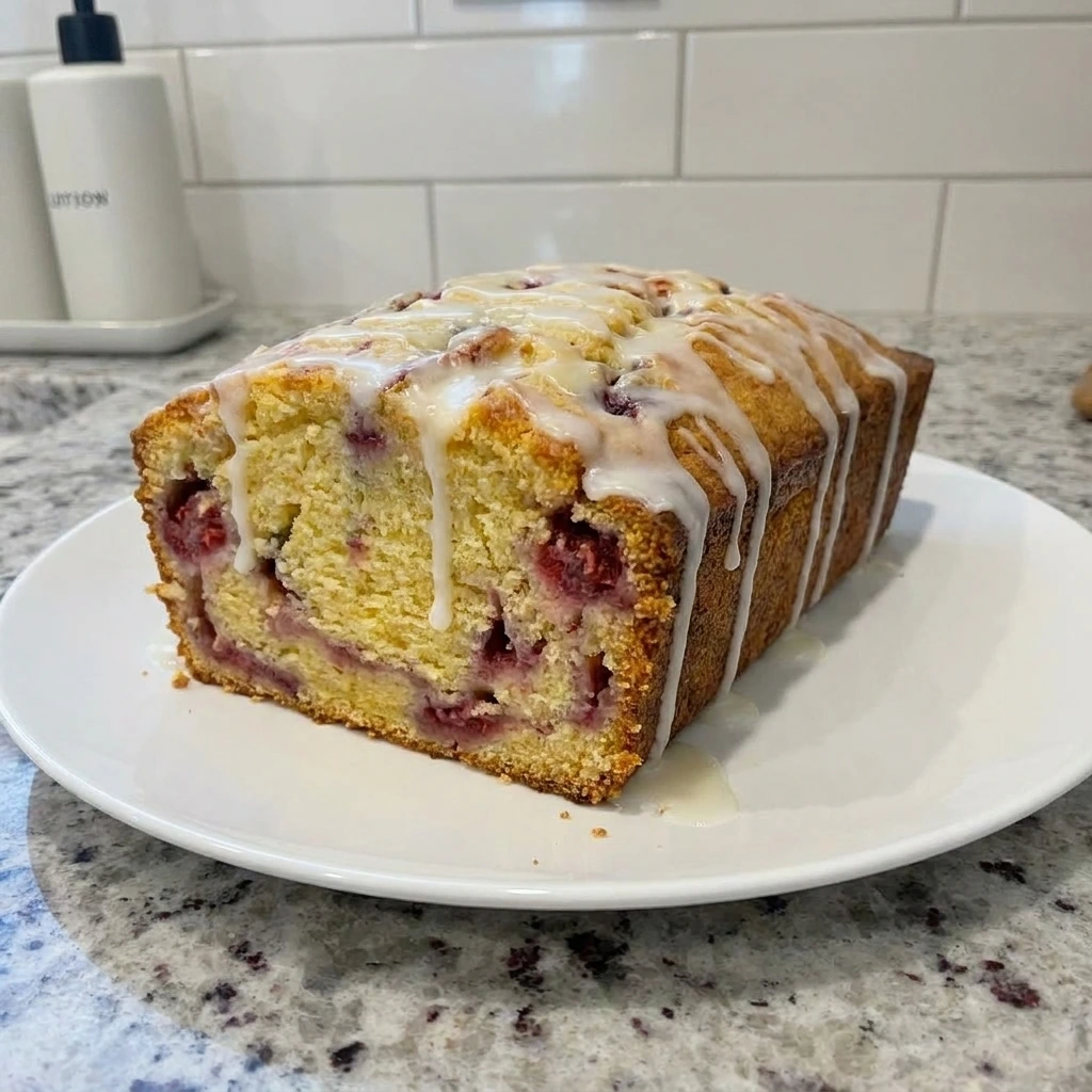 Raspberry Lemon Loaf Cake with lemon glaze and sliced berry crumb