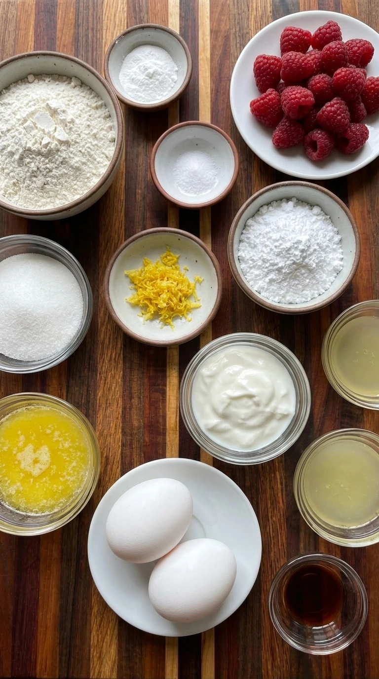 Ingredients for Raspberry Lemon Loaf Cake in separate bowls