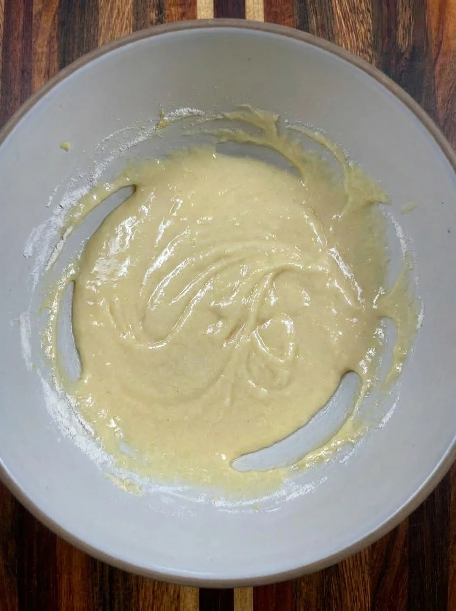 Pale lemon batter mixed for Raspberry Lemon Loaf Cake