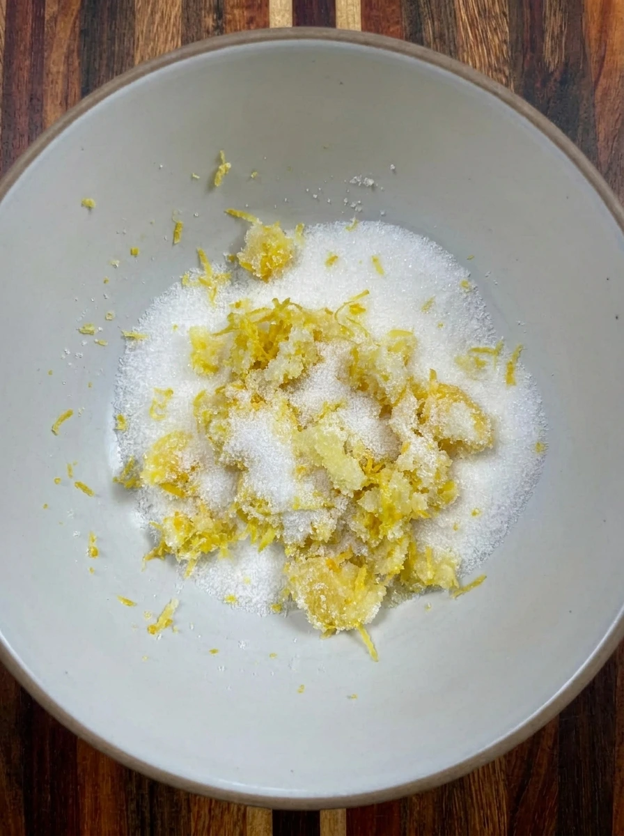 Sugar rubbed with lemon zest for Raspberry Lemon Loaf Cake