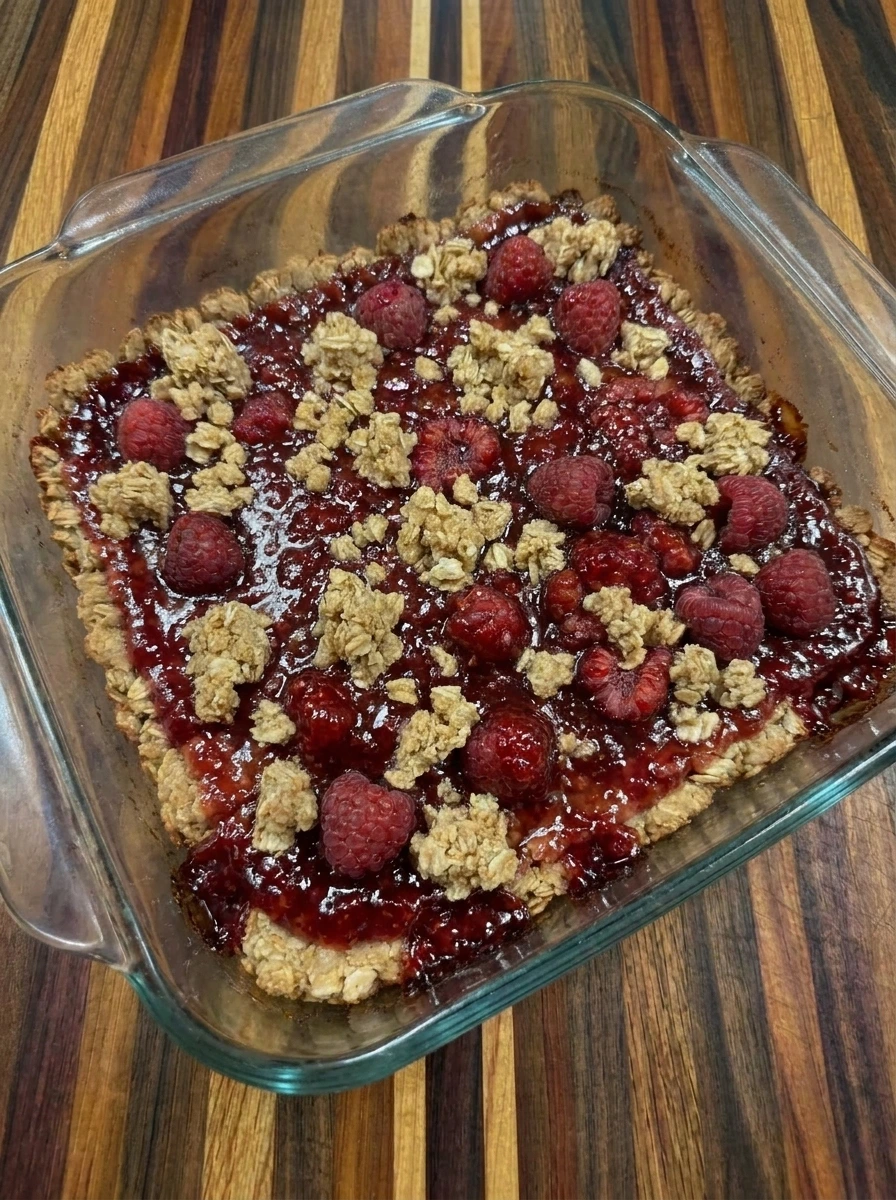 Baked Raspberry Oatmeal Bars with golden crumble