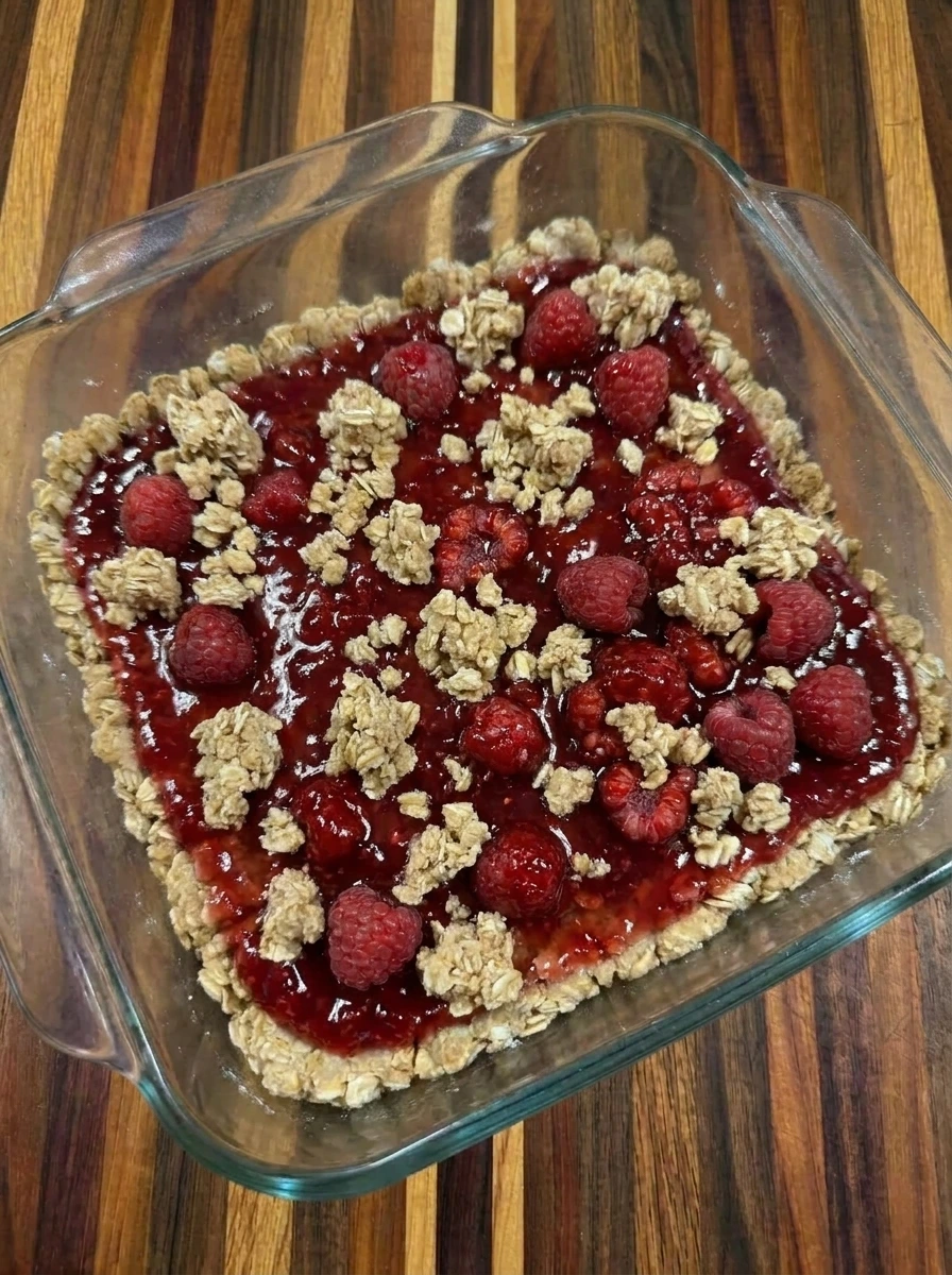 Crumble topping scattered over Raspberry Oatmeal Bars
