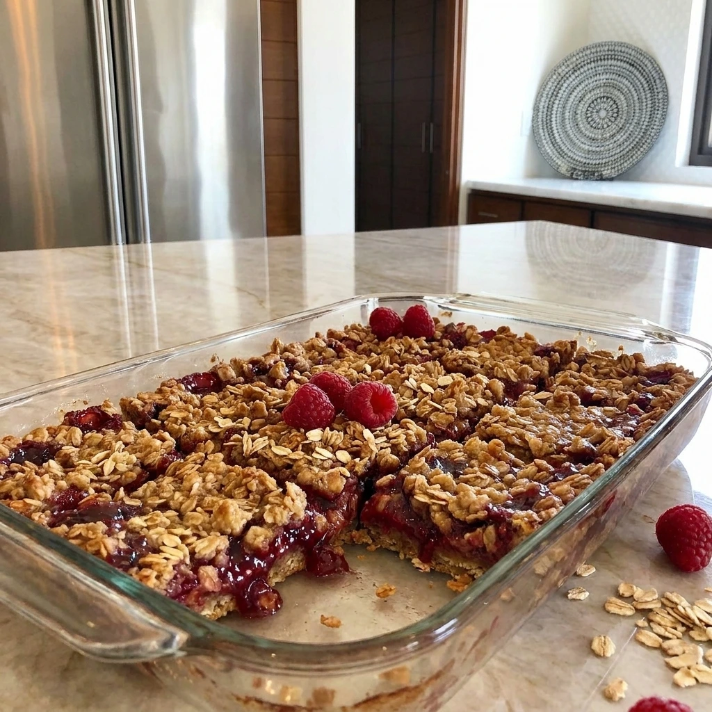 Golden Raspberry Oatmeal Bars with jammy raspberry filling
