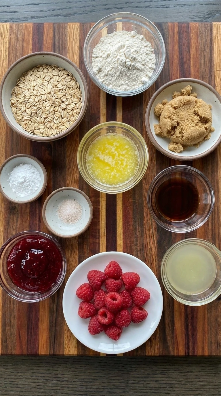 Ingredients for Raspberry Oatmeal Bars in separate bowls