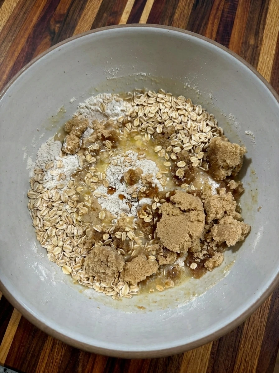 Buttery oat crumble mixture for Raspberry Oatmeal Bars