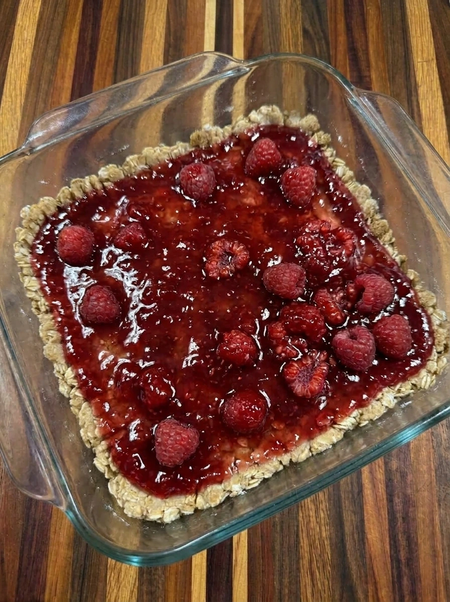 Raspberry filling layered over oat crust