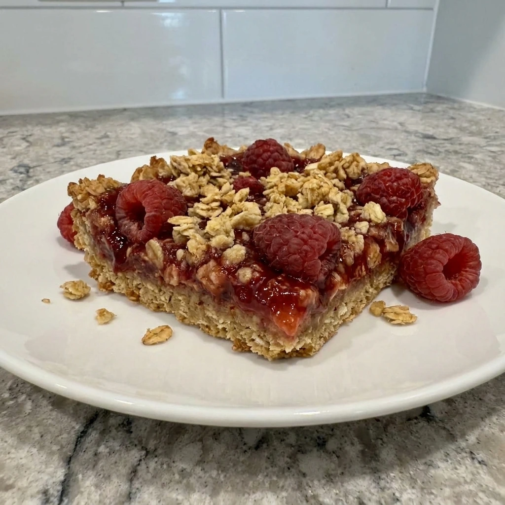 Single Raspberry Oatmeal Bar served on a plate