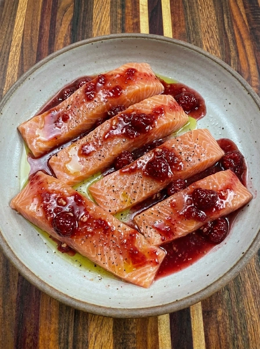 Four salmon fillets coated with raspberry glaze