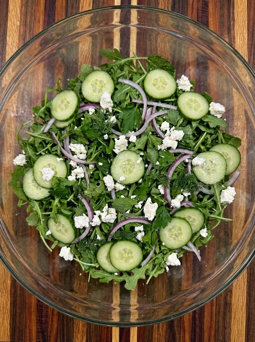 Fresh herb salad tossed for Raspberry Salmon with Herb Salad