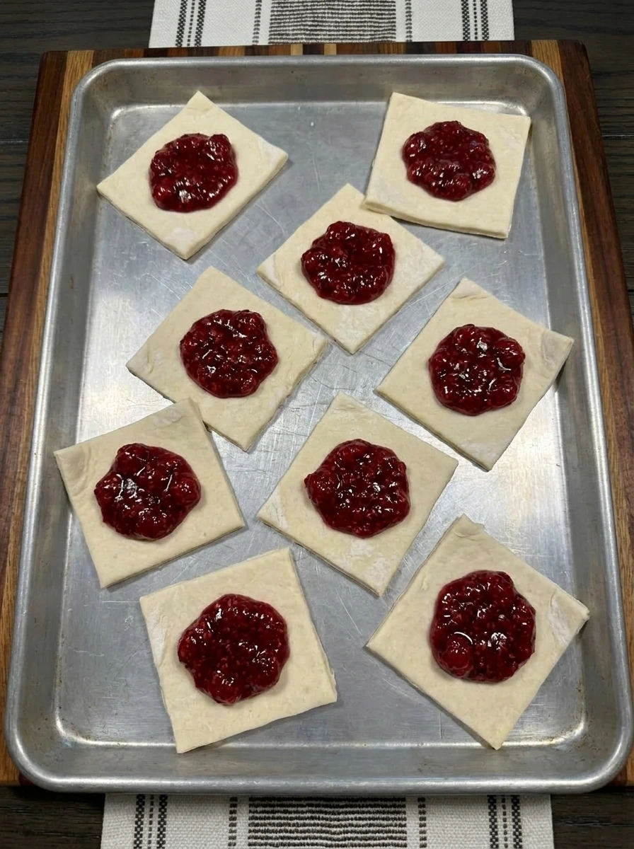 Puff pastry squares filled for Raspberry Turnovers