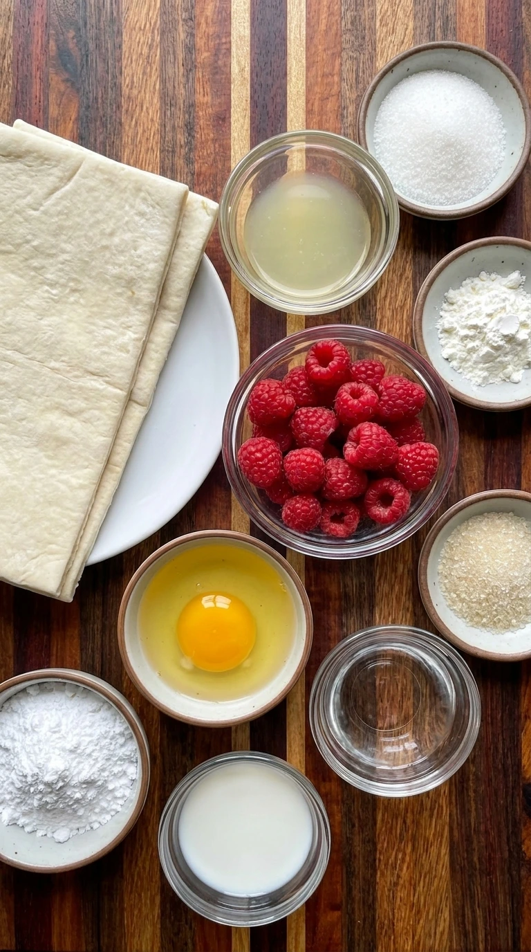 Ingredients for Raspberry Turnovers in separate bowls